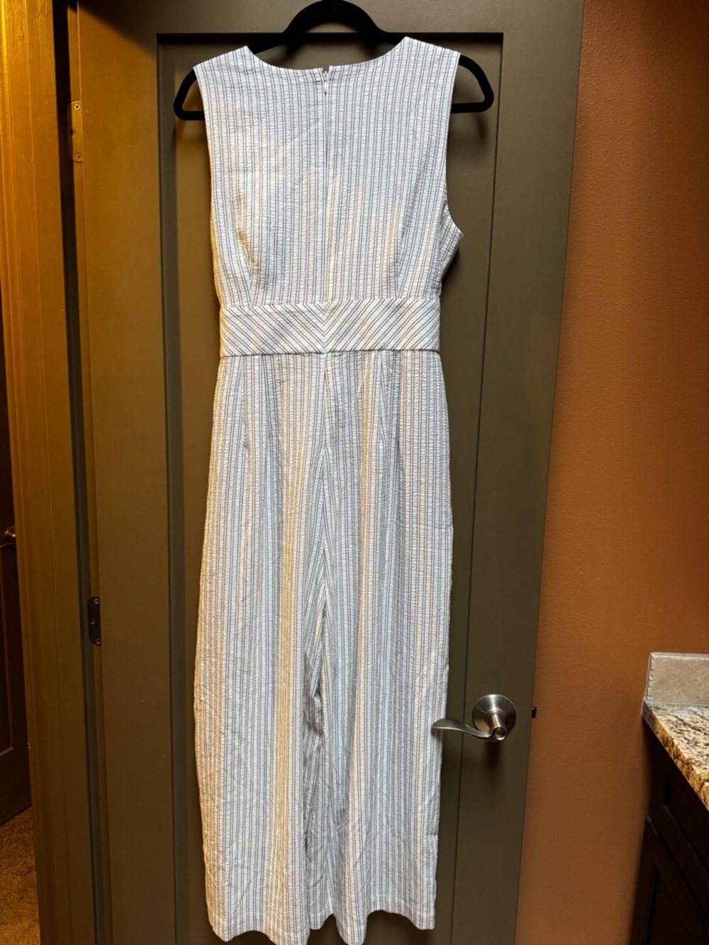 Calvin Klein White Black vertical Stripes V Neck Tie Front Jumpsuit 10 NWT - Picture 2 of 5